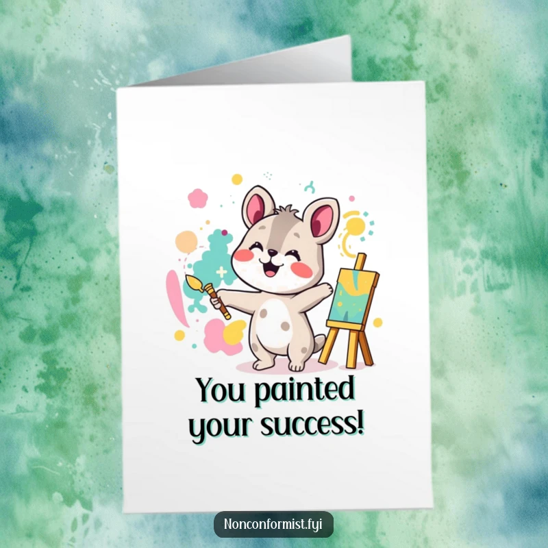 Funny Free Printable Congrats Card: Animal character joyfully paints a bright, abstract pattern, celebrating a big accomplishment with art.