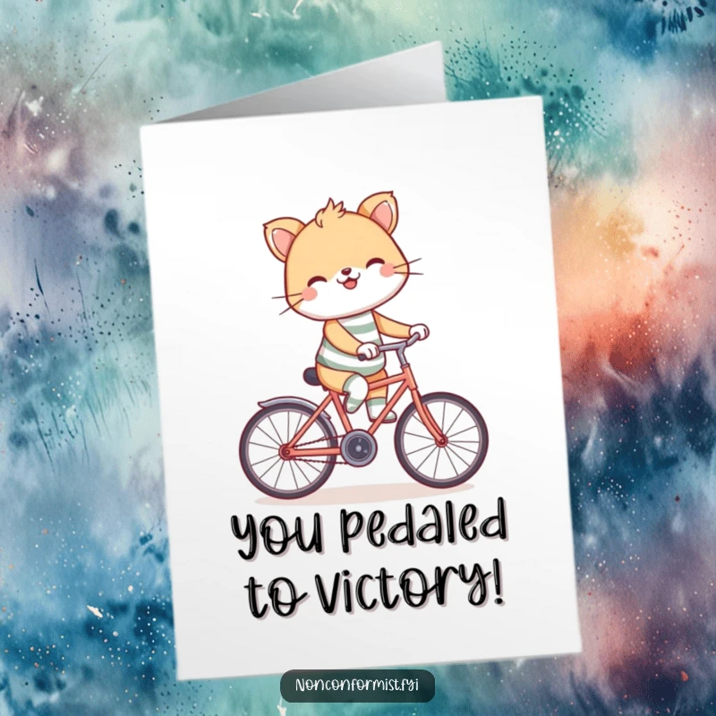 Funny Free Printable Congratulations Card showing a cute animal wearing mismatched socks, grinning oddly while riding a bicycle backwards, celebrating your success.