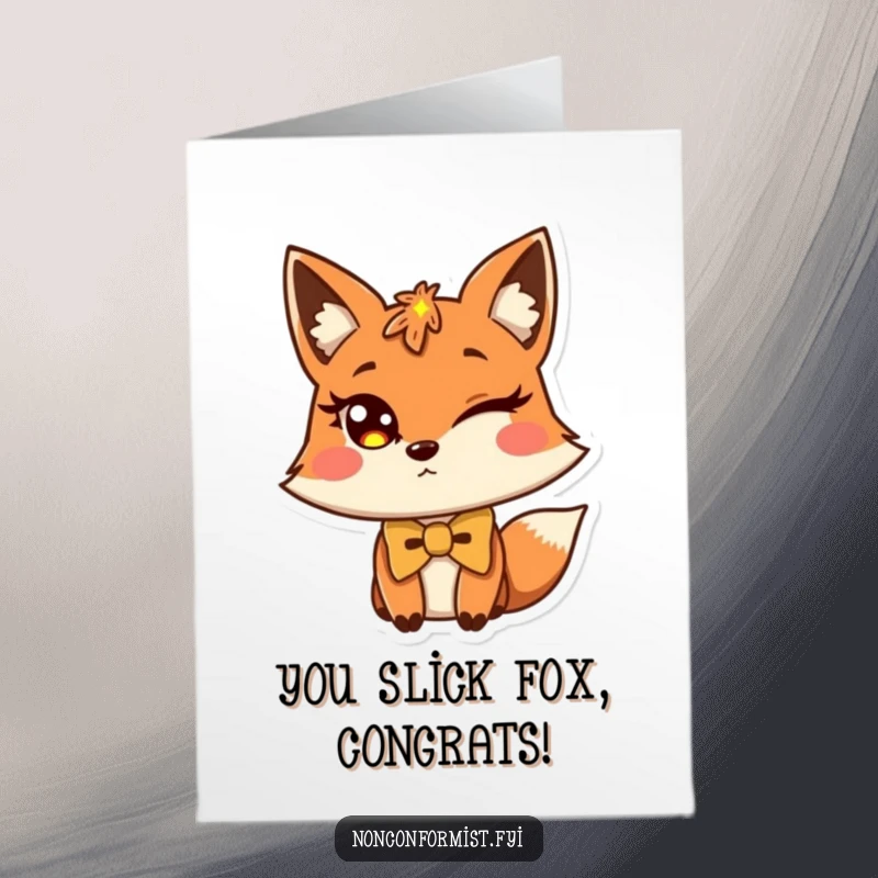Free printable congratulations card: A sly fox winks, its bow tie slightly off, celebrating your win.