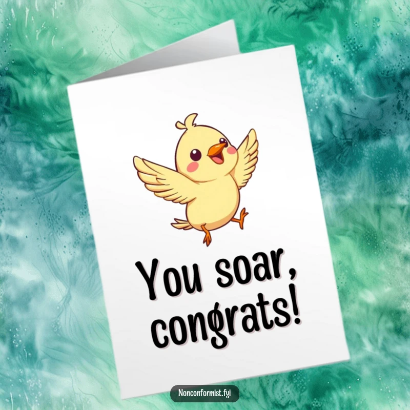 Funny Free Printable Congratulations Card showing a spirited bird character with a joyful chirp, executing a spectacular, unique aerial flip.