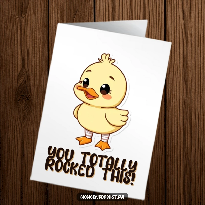 Funny Free Printable Congratulations Card: A goofy duck in mismatched socks celebrates your fantastic win.