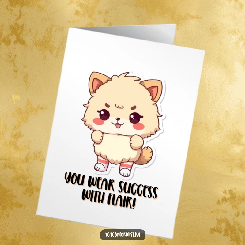 Funny Free Printable Congrats Card: Defiant fluffy animal rocking mismatched socks, celebrating success with quirky pride. A unique downloadable.