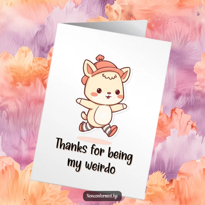 Funny Free Printable Thank You Card: Cute animal in mismatched socks & quirky hat skipping to show thanks.