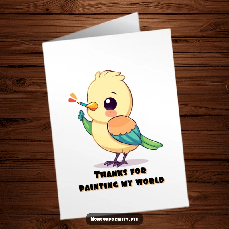 Funny Free Printable Thank You Card: Colorful bird painting a stripe on its wing, expressing sincere thanks.