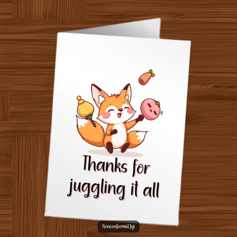 Funny Free Printable Thank You Card: Playful fox character juggling odd objects, expressing sincere thanks.