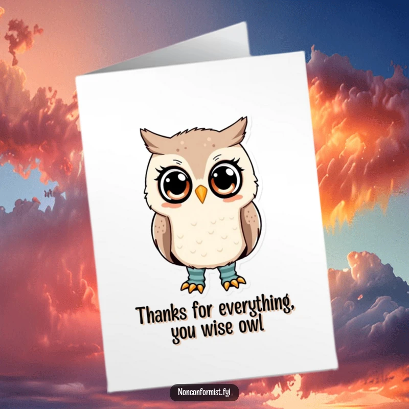 Funny free printable thank you card: A cute owlish character sporting odd socks offers heartfelt thanks.