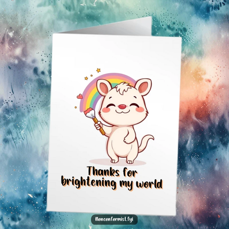 Funny Free Printable Thank You Card: A cheerful animal with a goofy smile paints a colorful rainbow on a plain wall.