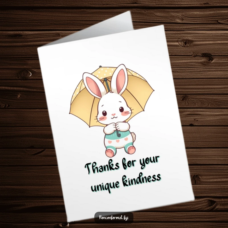 Funny Free Printable Thank You Card of a shy bunny in mismatched socks peeking out from under an umbrella.