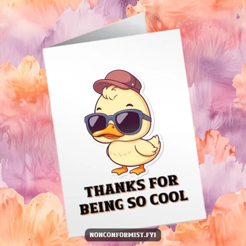 Funny Free Printable Thank You Card: Duck wearing sunglasses and a jaunty cap, offering cool thanks.