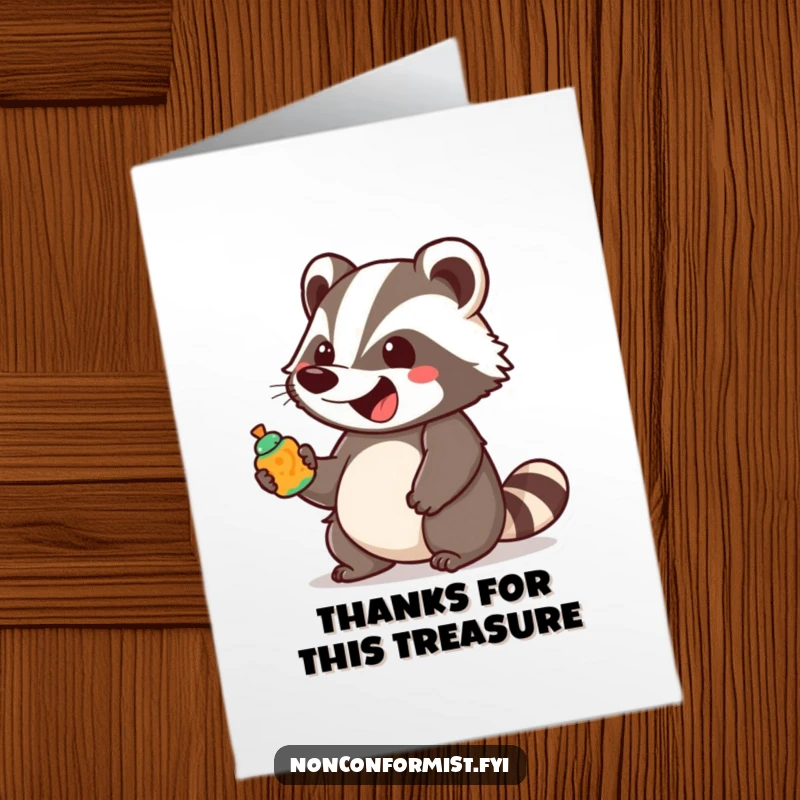 Funny Free Printable Thank You Card: an excited badger bounces, holding a brightly colored, unusual object.