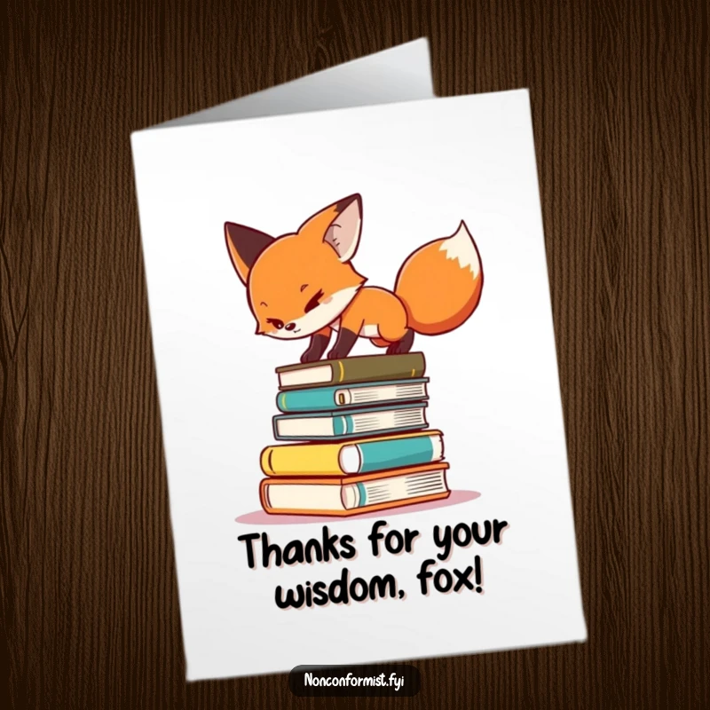 Funny free printable thank you card: a determined fox precariously balances on a stack of books, thanking you.