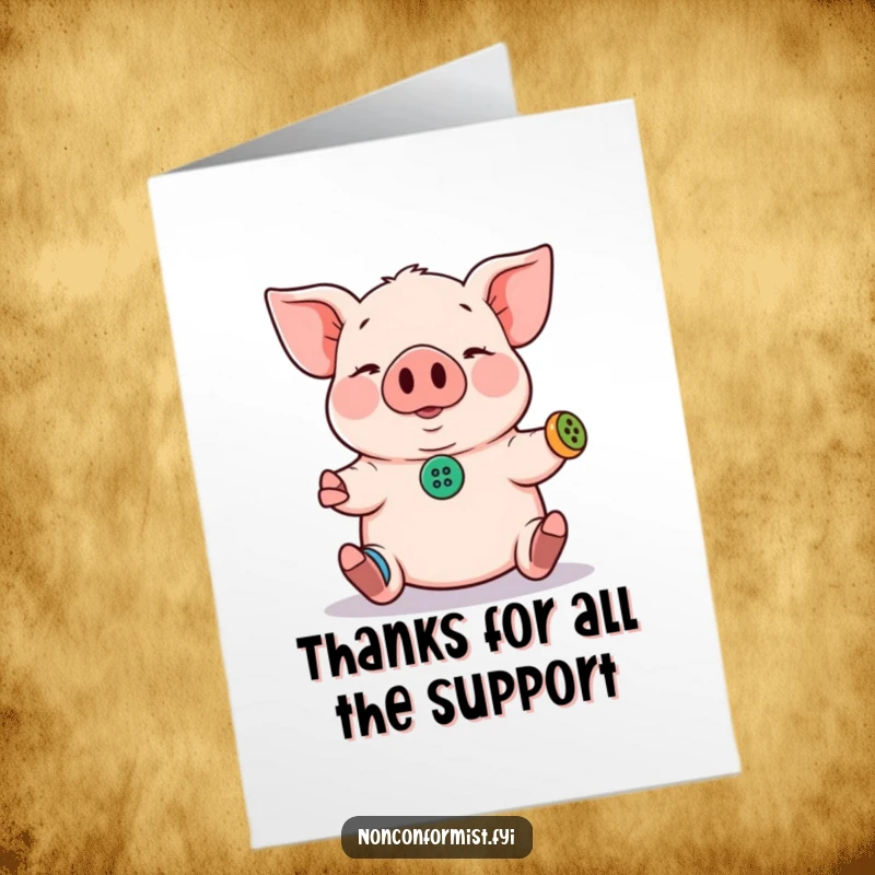 Funny Free Printable Thank You Card: Pig juggling tiny buttons, offering a quirky thank you.