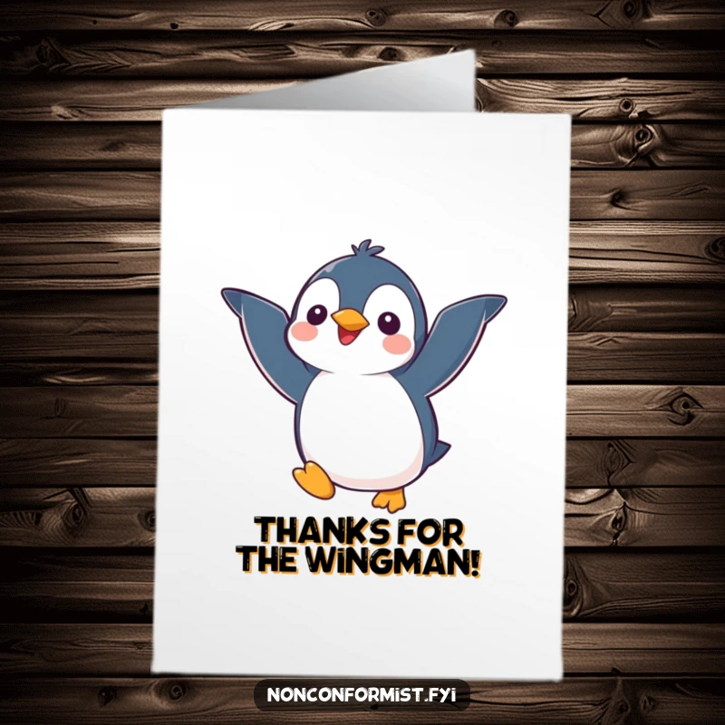 Funny free printable thank you card: Kawaii penguin flapping mismatched wings, expressing gratitude.