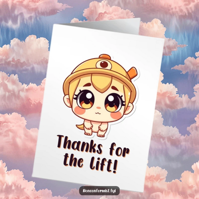 Funny Free Printable Thank You Card: Curious propeller hat character giving a grateful nod, perfect humorous downloadable thank you.