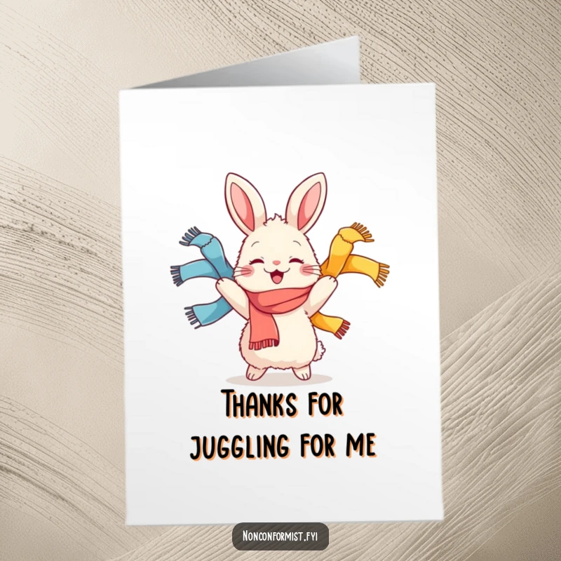 Funny Free Printable Thank You Card: A joyful rabbit juggles scarves, sending thanks with colorful flair.