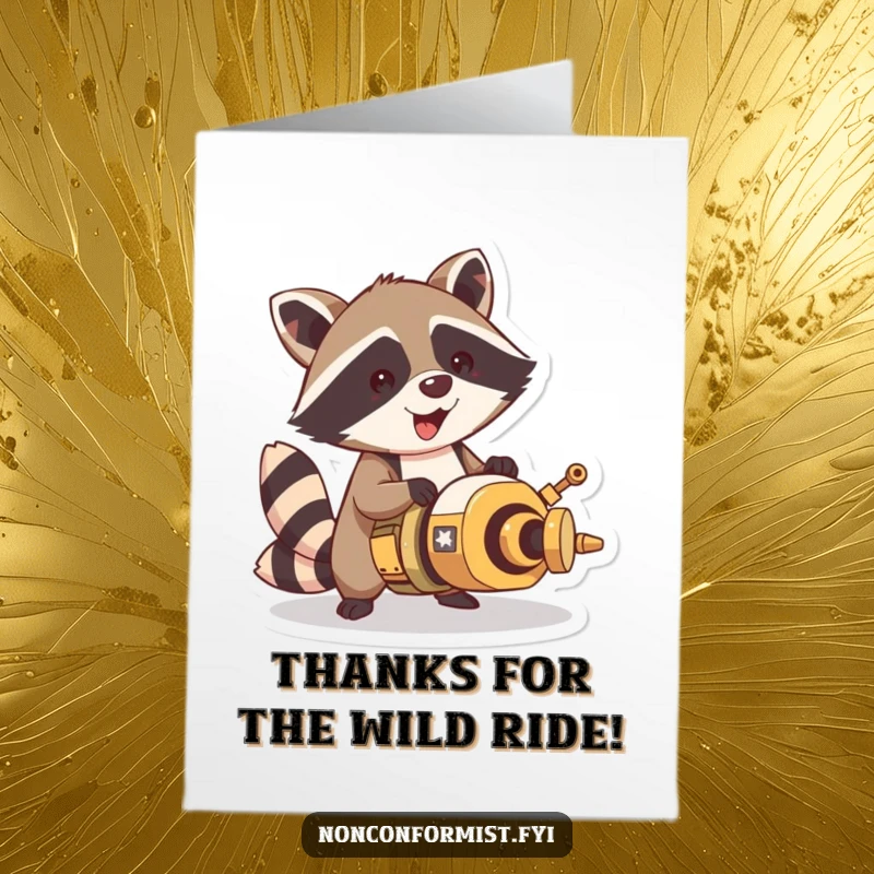Funny Free Printable Thank You Card: Grateful raccoon presenting a peculiar, self-made contraption as a token of appreciation.
