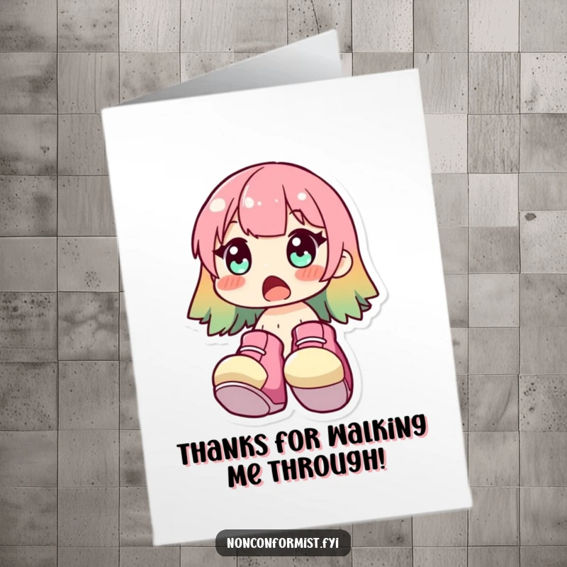 Funny Free Printable Thank You Card: Cute character gasping, wearing oversized colorful shoes, humorous downloadable thank you.