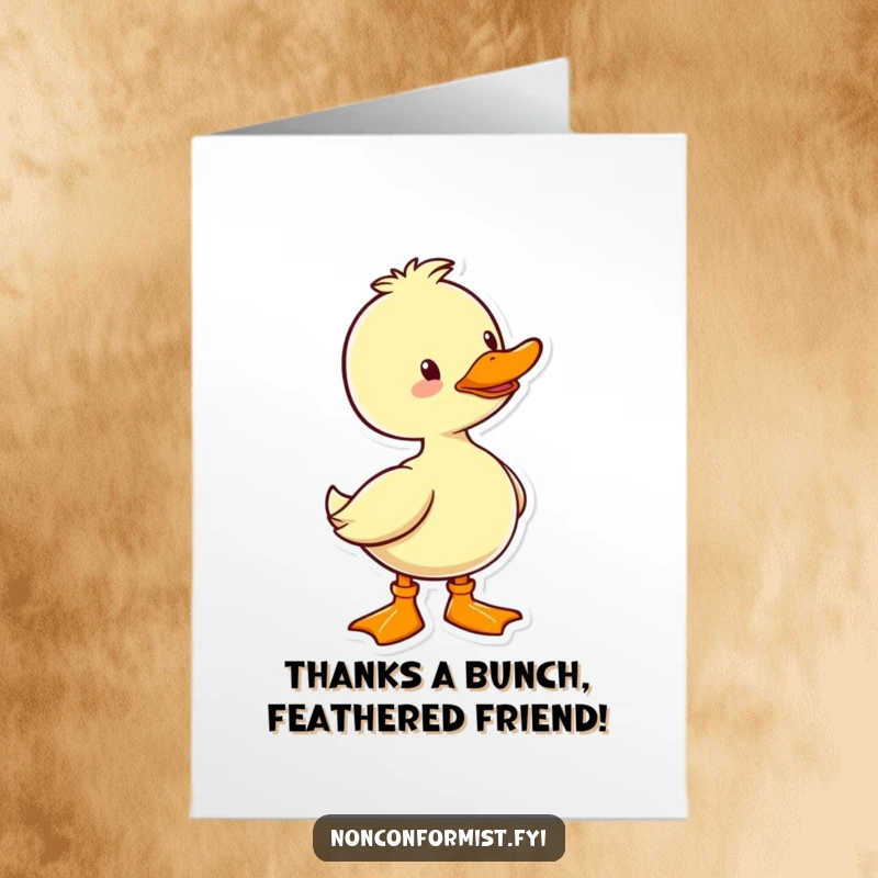 Funny free printable thank you card of a cheerful duck wearing just one vibrantly colored boot.