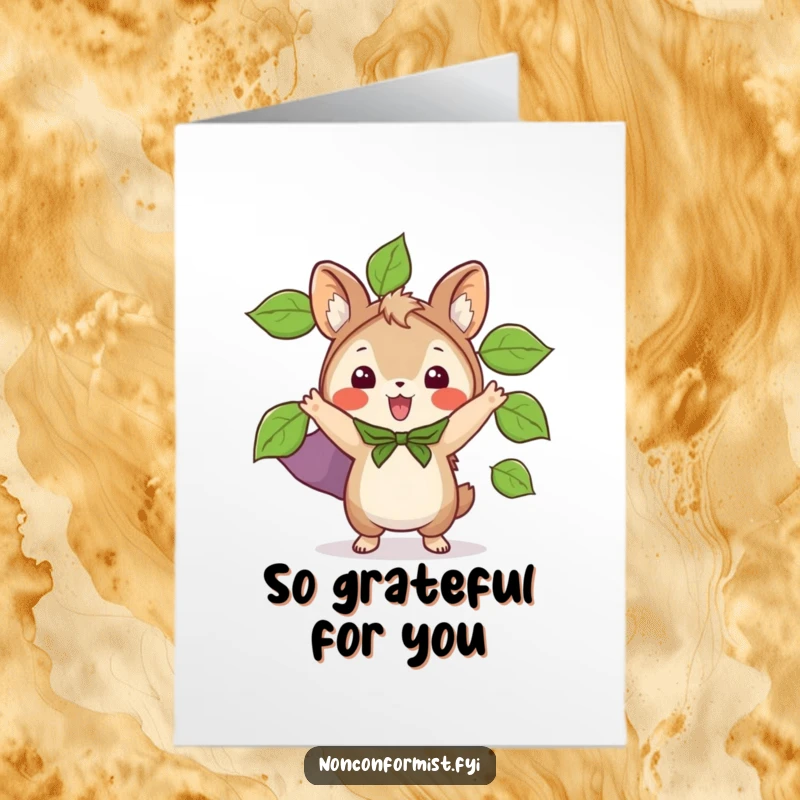Funny Free Printable Thank You Card: Small animal hero in a cape made of leaves offers a grateful nod.