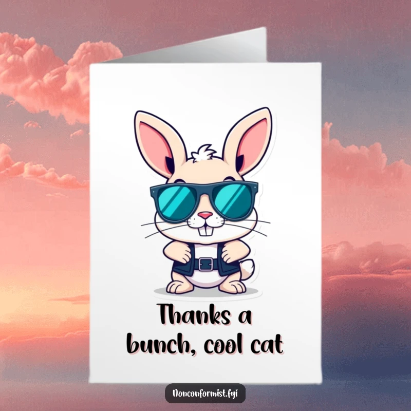 Funny Free Printable Thank You Card with a rebellious bunny wearing sunglasses and a cool grin, expressing thanks.