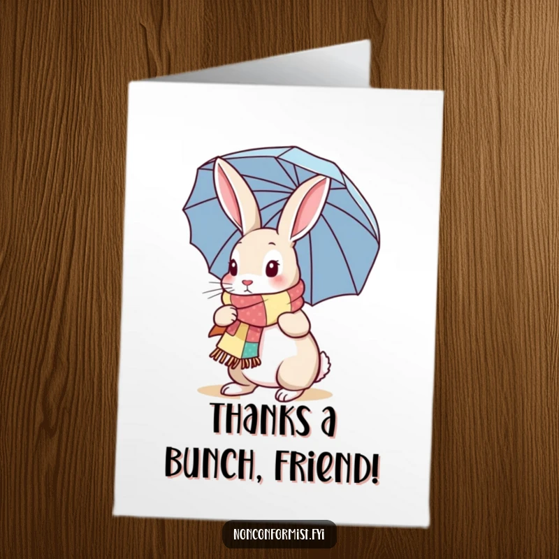 Funny Free Printable Thank You Card: Rabbit in scarf holding umbrella, expressing thanks, downloadable art.