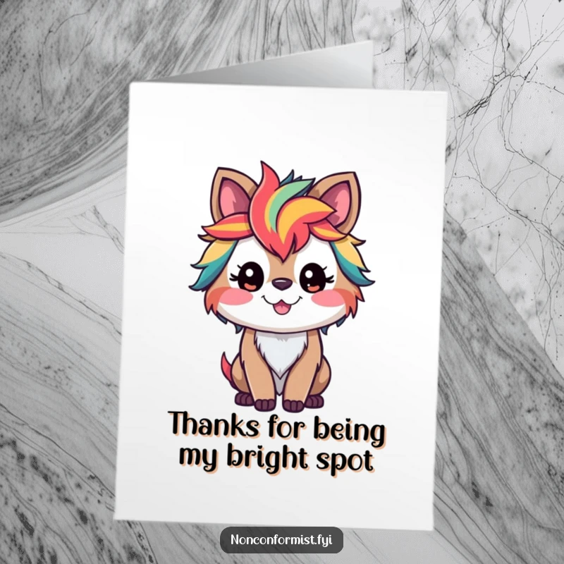 Funny Free Printable Thank You Card: A cheerful animal with bright, wild fur saying thanks.
