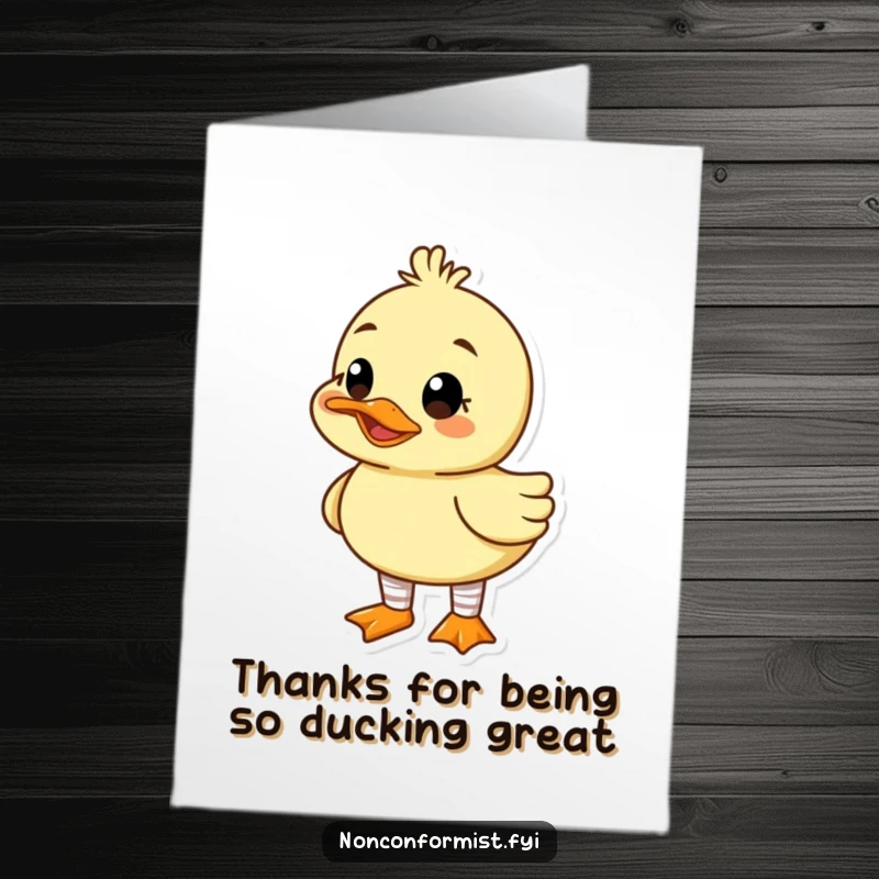 Funny Free Printable Thank You Card: A duck in mismatched socks offers thanks with a goofy grin.