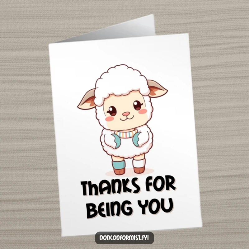 Funny Free Printable Thank You Card of a cute sheep in a mismatched sock, giving a sassy look and cool thanks.