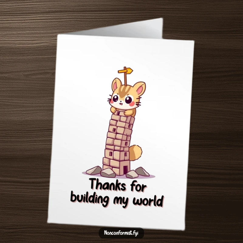 Funny Free Printable Thank You Card: A small animal focused on building a wobbly tower.