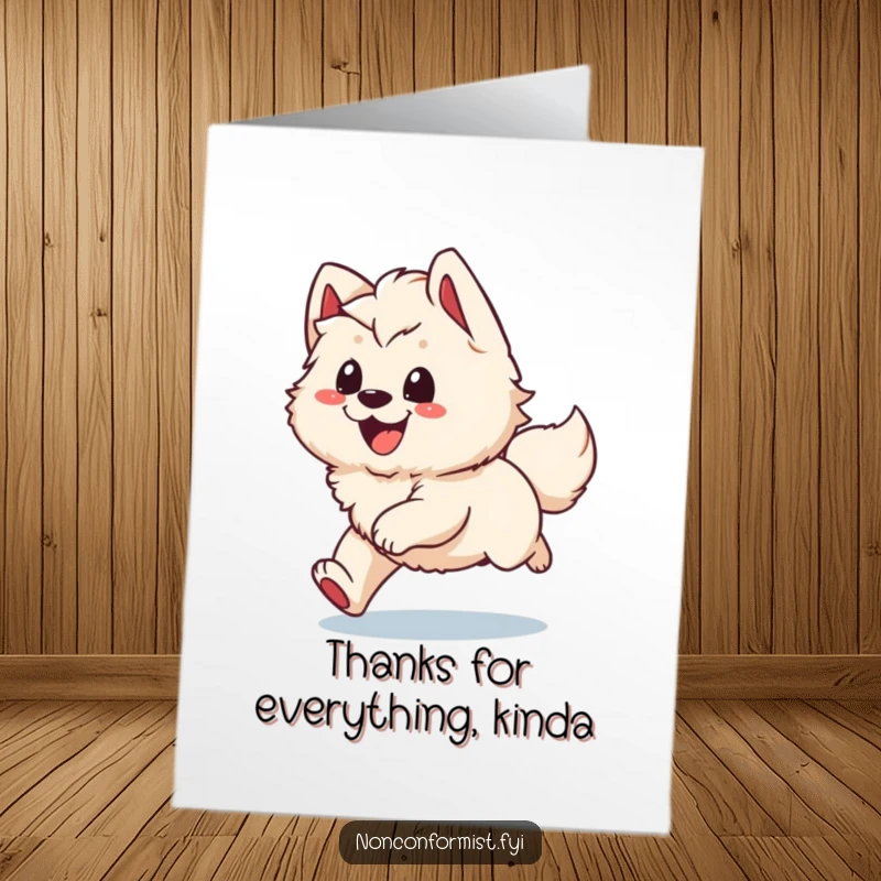 Funny Free Printable Thank You Card: Happy dog joyfully chasing its tail, a fun and quirky way to say thanks.