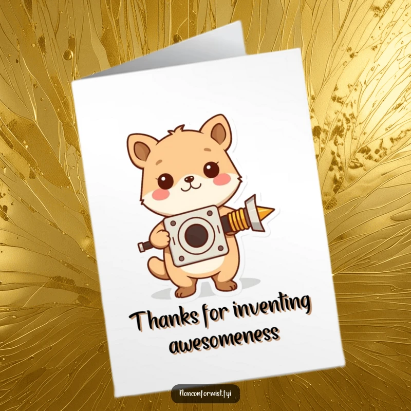 Funny Free Printable Thank You Card: A cute animal holding up a wacky, self-made gadget.