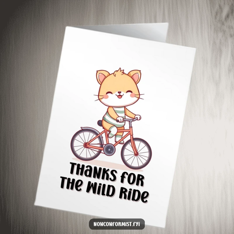 Funny Free Printable Thank You Card of a cute animal in mismatched socks, grinning while riding a bicycle backwards, expressing gratitude unconventionally.