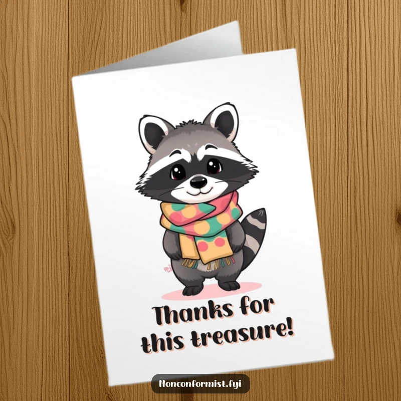 Funny Free Printable Thank You Card of a standout raccoon character with a curious tilt, wearing a brightly patterned, handmade scarf with flair.