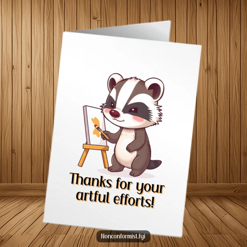 Funny Free Printable Thank You Card: A determined badger holding a paintbrush, proudly presenting a lopsided canvas as a gift of thanks.