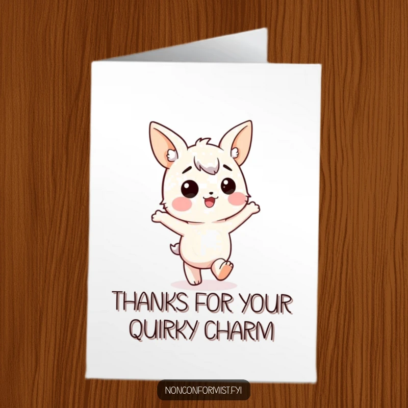 Funny Free Printable Thank You Card: Character with mismatched ears cheerfully marching off course. A funny, heartfelt DIY thank you.