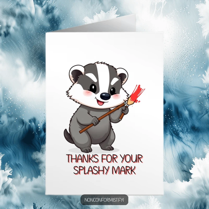 Funny Free Printable Thank You Card with a happy badger painting a vibrant red stripe, adding a creative and thankful touch.