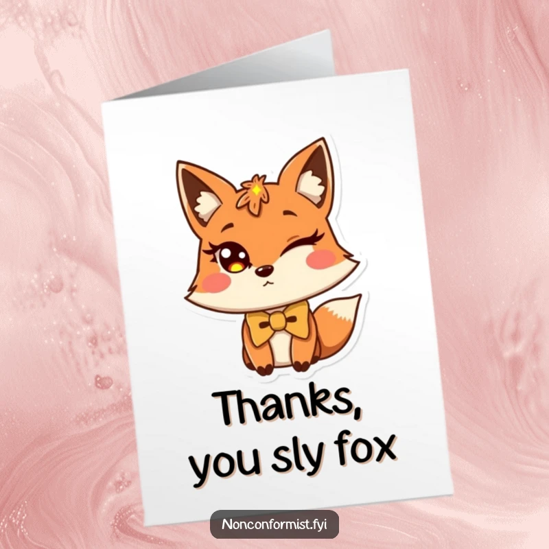 Funny free printable thank you card: A charismatic fox winks, its bow tie tilted, offering thanks.