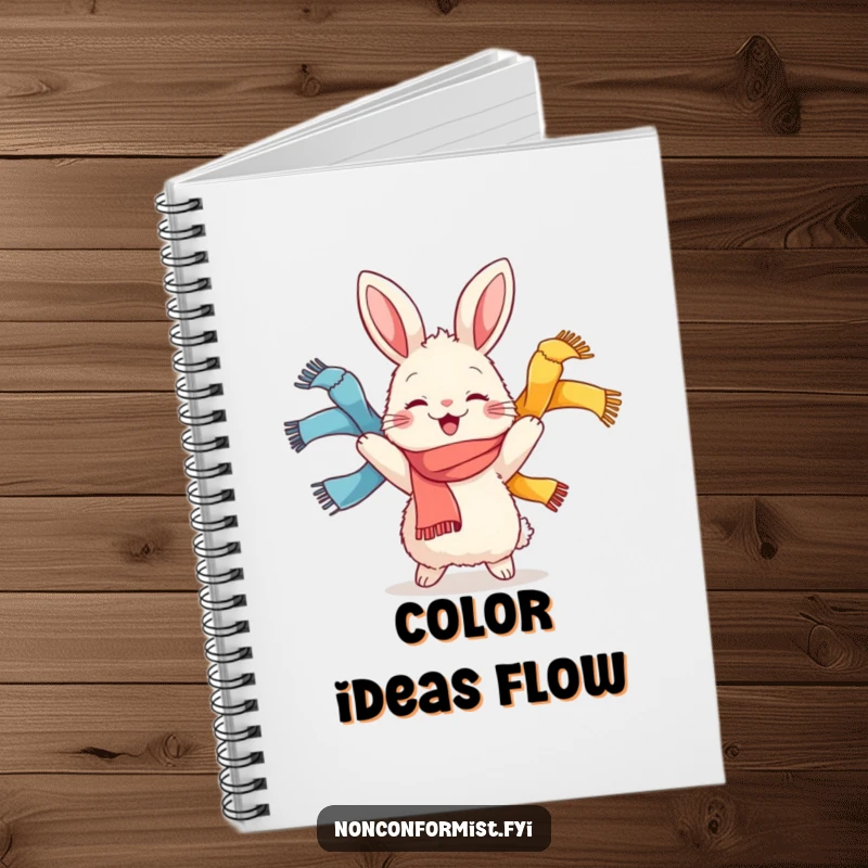 Funny notebook with a fluffy rabbit character joyfully juggling scarves, designed for jotting down vibrant and cheerful ideas.