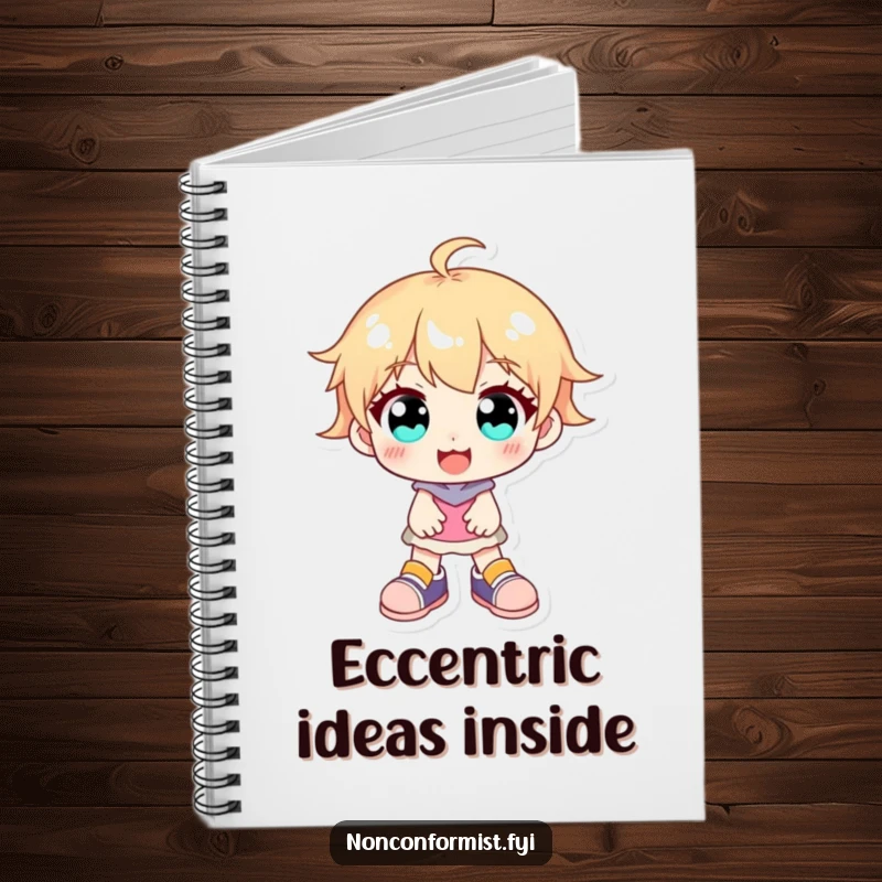 Funny character with bright eyes and mismatched shoes on a notebook cover, smiling, encouraging creative expression.