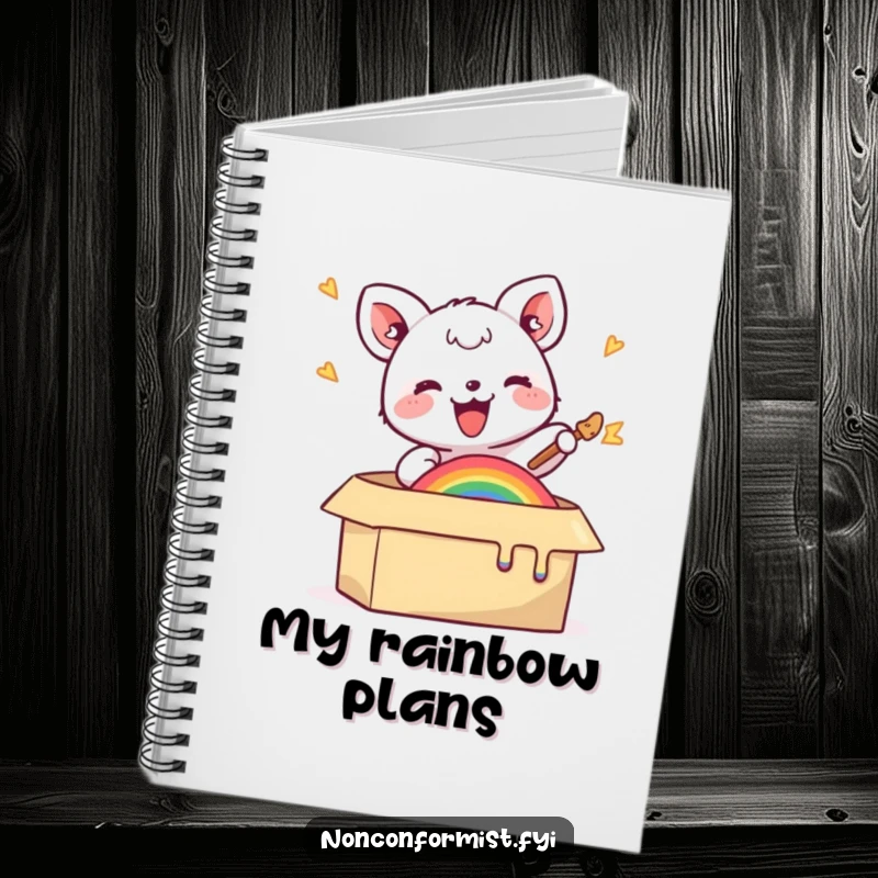 Funny notebook with a small animal joyfully painting a rainbow inside a box, encouraging creative expression and colorful note-taking.