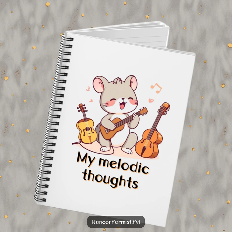 Funny notebook with a tiny animal character joyfully playing different-sized musical instruments, perfect for jotting down musical ideas.