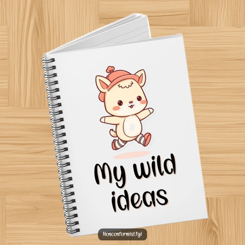 Funny animal notebook featuring a cute character in mismatched socks and a quirky hat, skipping along happily.