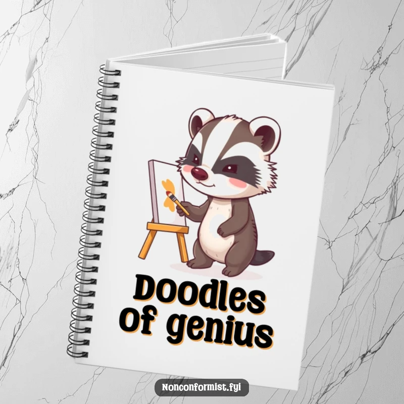 Funny badger with a determined expression painting a lopsided canvas on a notebook cover, celebrating creative effort.