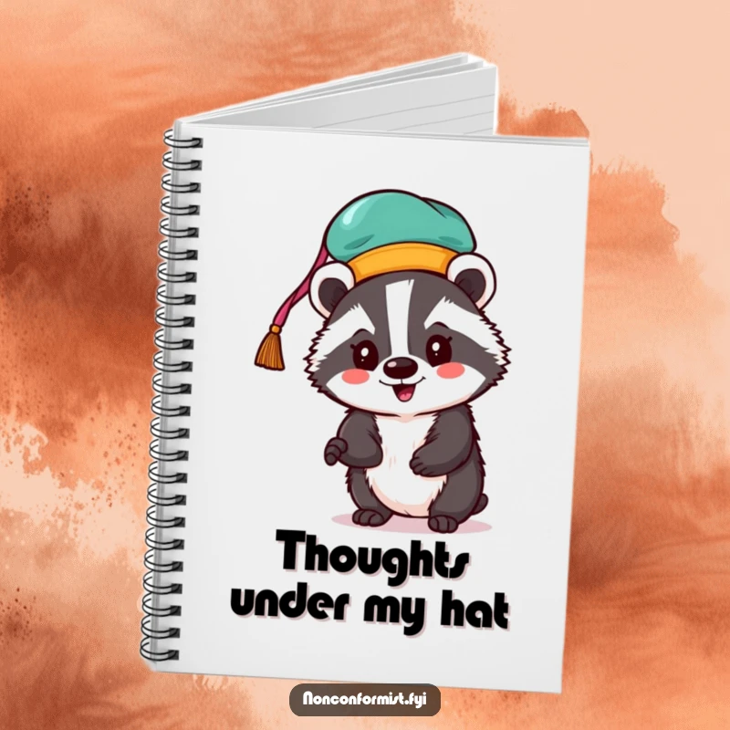 Funny badger notebook with an enthusiastic badger wearing a colorful, quirky hat.