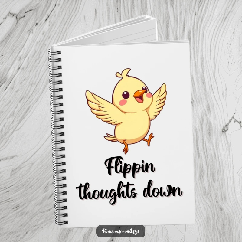 Funny notebook cover with a spirited bird character joyfully chirping while performing an aerial flip, perfect for journaling.