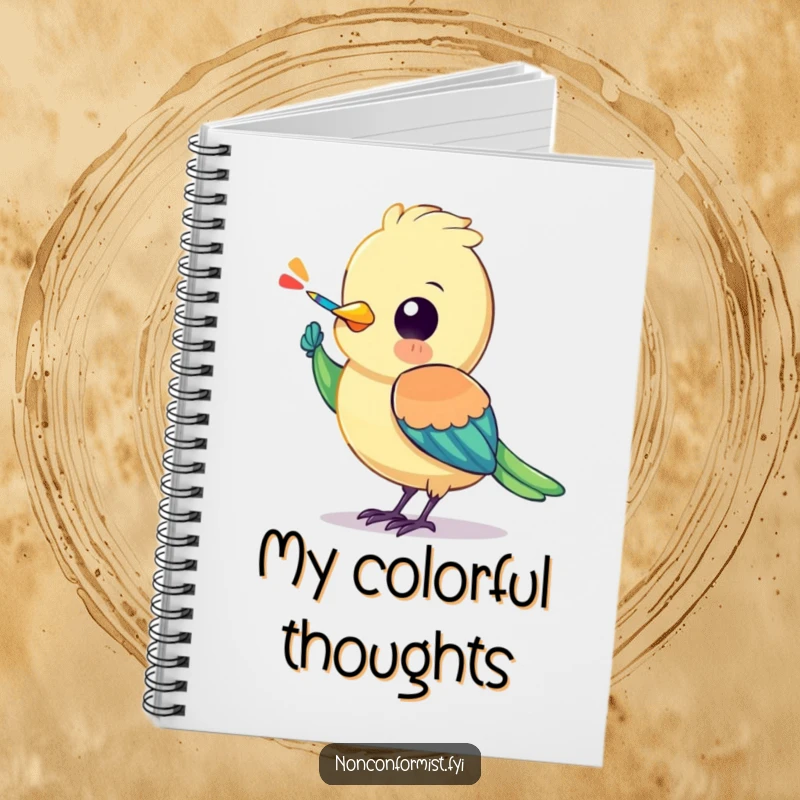 Funny bird notebook featuring a colorful character painting a stripe onto its own wing, ideal for capturing creative thoughts.