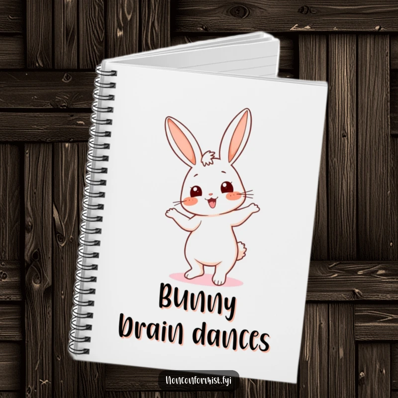 Funny notebook with a cute bunny doing a silly dance with mismatched ears, encouraging creative expression and joyful note-taking.