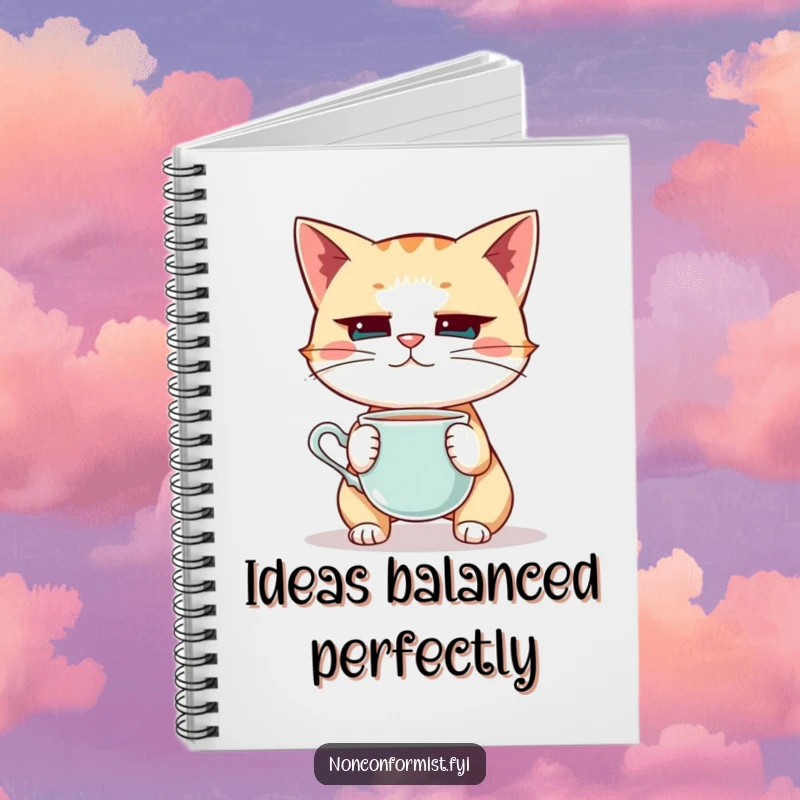 Funny Cat Notebook: A quirky cat balancing a teacup on its nose with intense focus, perfect for jotting down humorous thoughts.