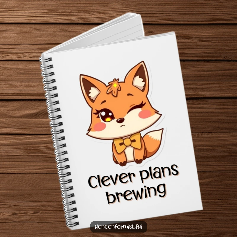 Funny fox notebook with a winking fox wearing a slightly crooked bow tie, perfect for notes.