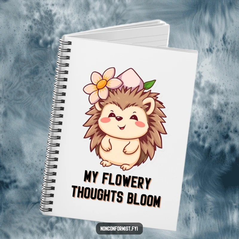 Funny hedgehog notebook with a smiling character wearing an upside-down flower hat, ideal for humorous note-taking.